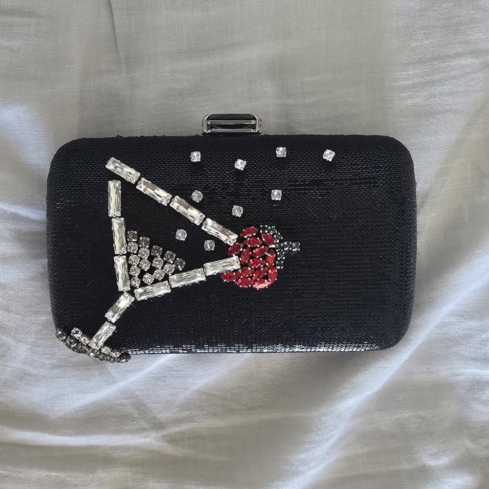 Prada Black Clutch with Red and Silver Swarovski Crystals